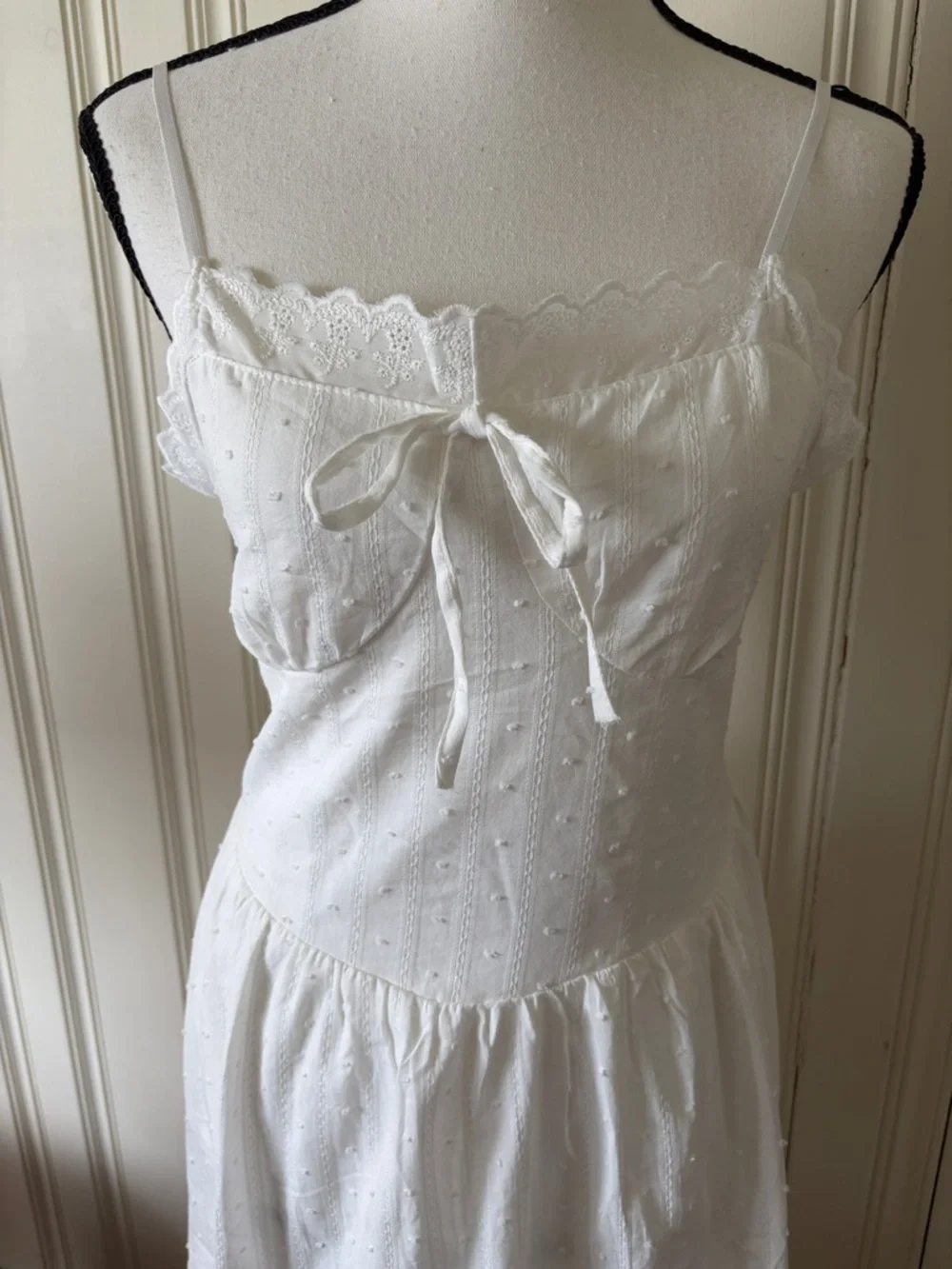 White Embroidered Eyelet Lined Slip Dress with Bow Tie Size XS New